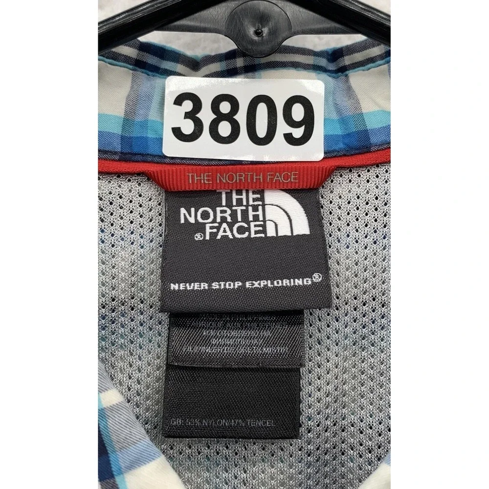 The North Face Button Up Shirt Mens Small Blue White Plaid Tencel Hiking Camping